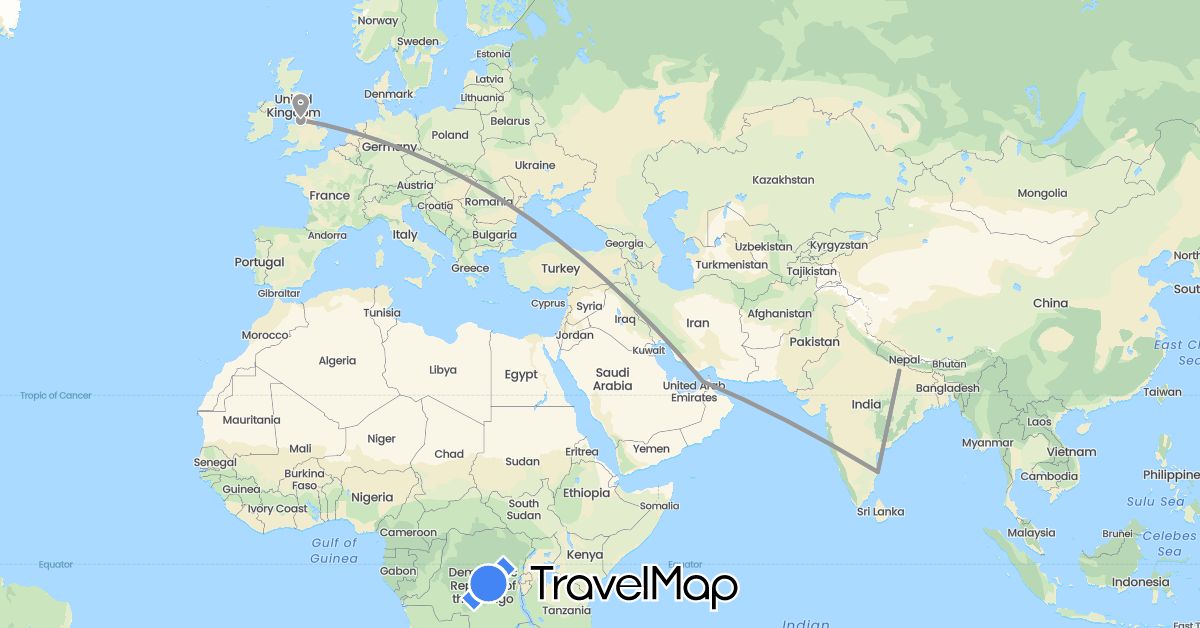 TravelMap itinerary: plane in United Arab Emirates, United Kingdom, India (Asia, Europe)